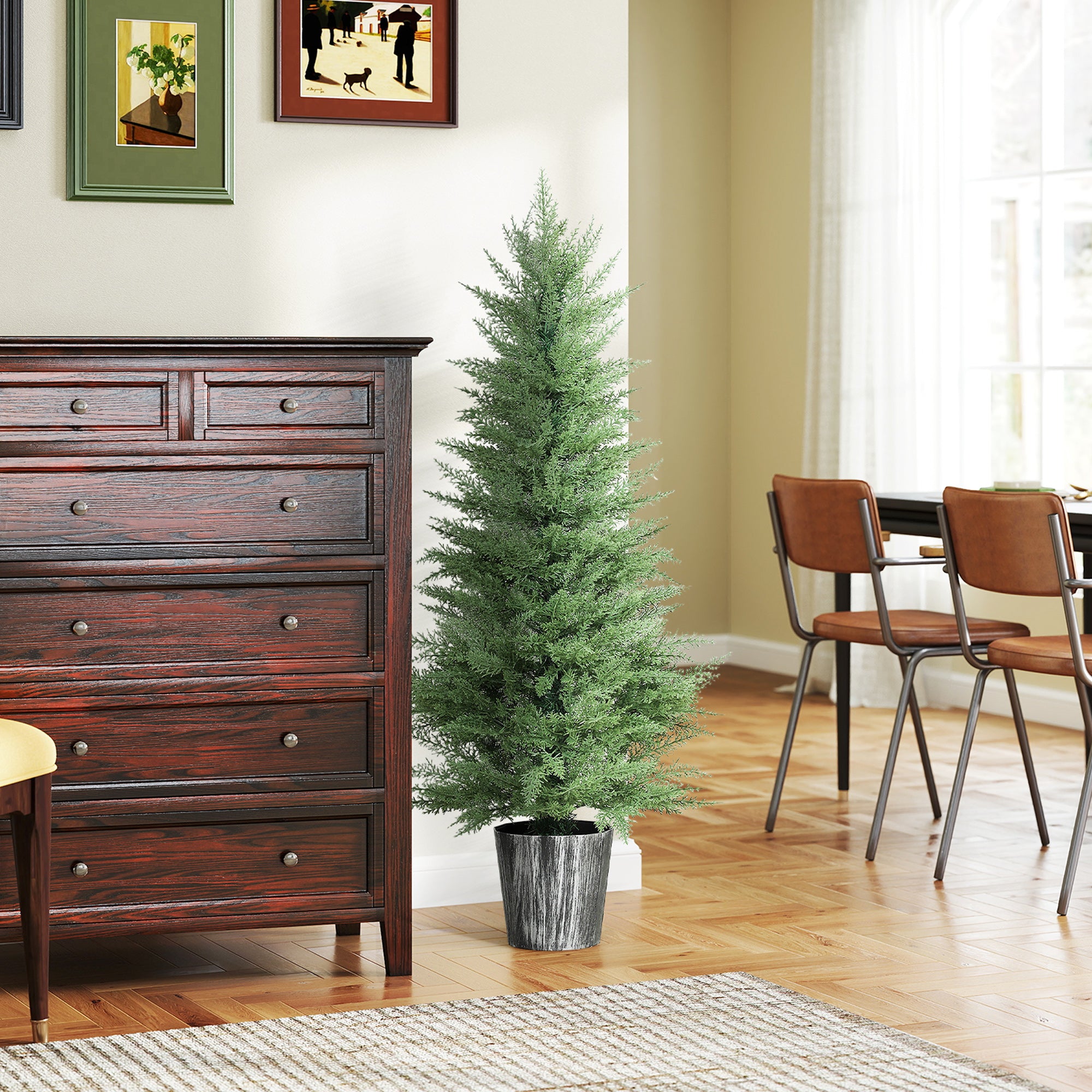 Fynco - 135cm Artificial Cypress Trees Set of 2, UV Resistant Artificial Plants with Decorative Pot, Fake Plants for Indoor Outdoor Decor, Green