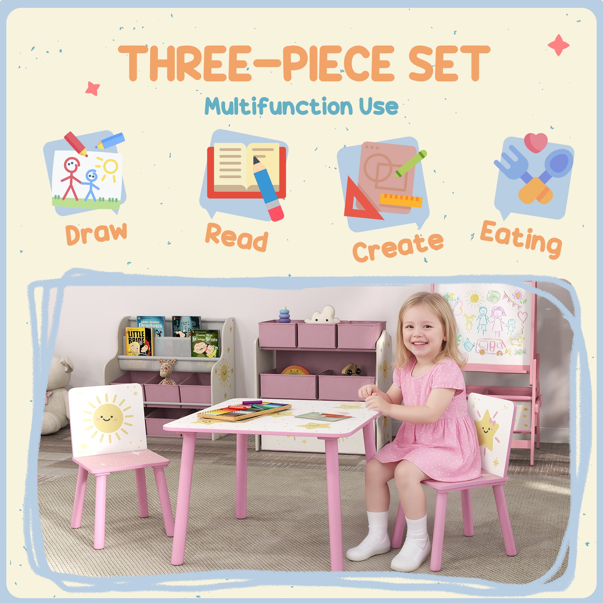 AIYAPLAY 3-Piece Toddler Table and Chair Set, Kids Table with 2 Chairs Set for Bedroom, Nursery, Playroom, Pink