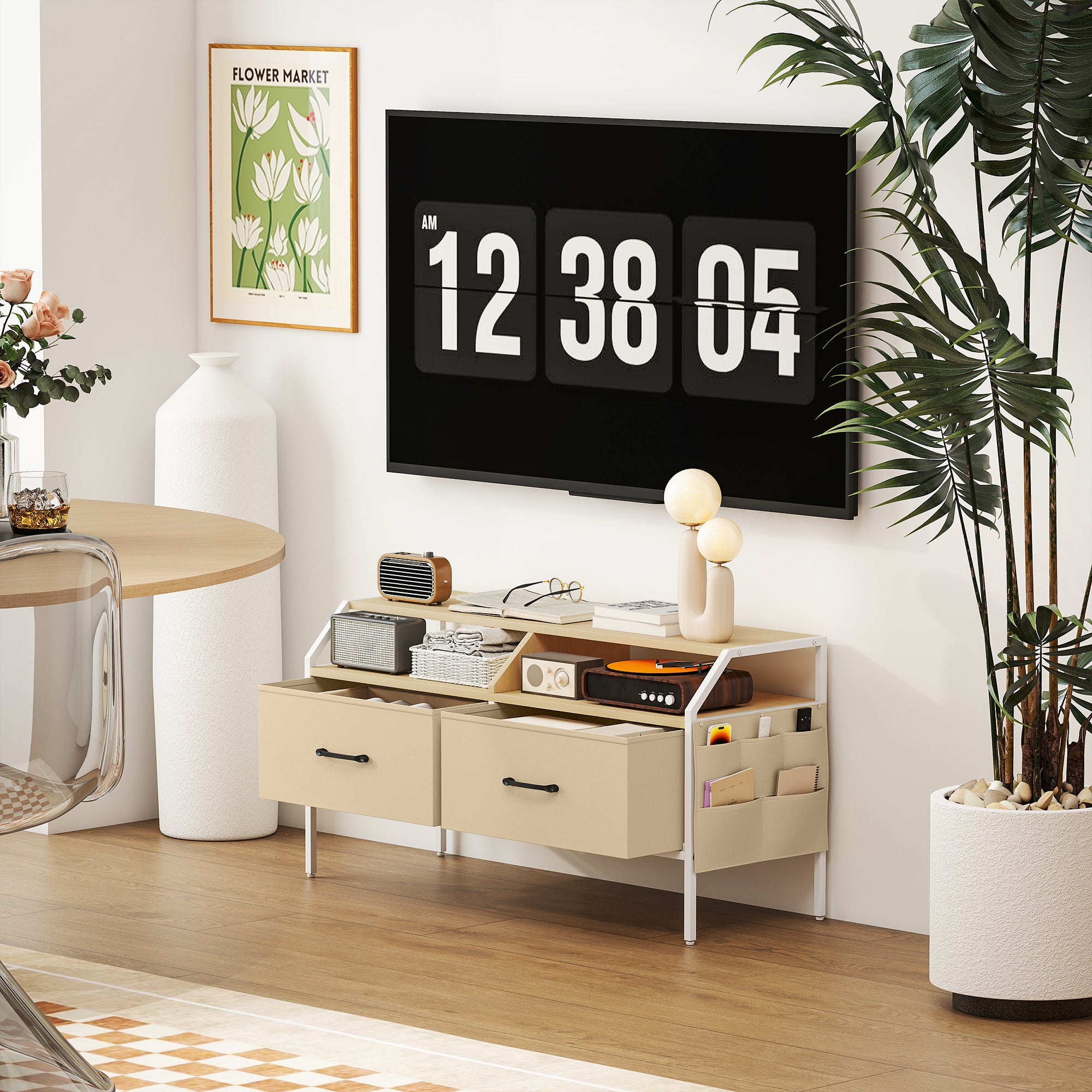 TV Stand Cabinet, TV Unit for 55-inch TVs with 2 Foldable Fabric Drawers, 5 Divided Side Pockets, Open Shelves, Console Table for Living Room, Bedroom, Entertainment Room, Natural Wood Finish