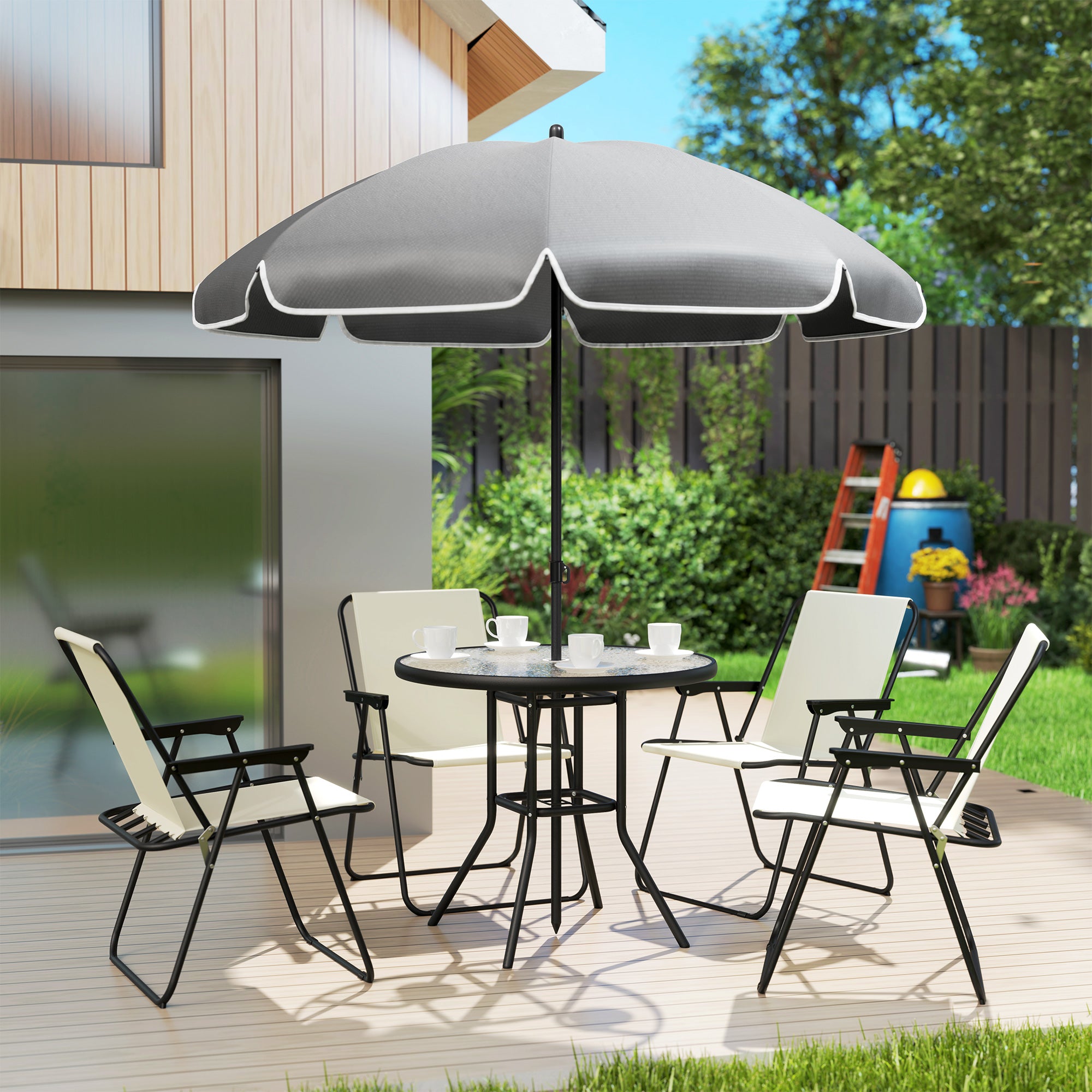 4 Seater Garden Furniture Set, 6 Pieces Garden Table and Chairs with Parasol, Outdoor Garden Dining Set with Folding Chairs and Round Glass Top Table for Patio, Cream White