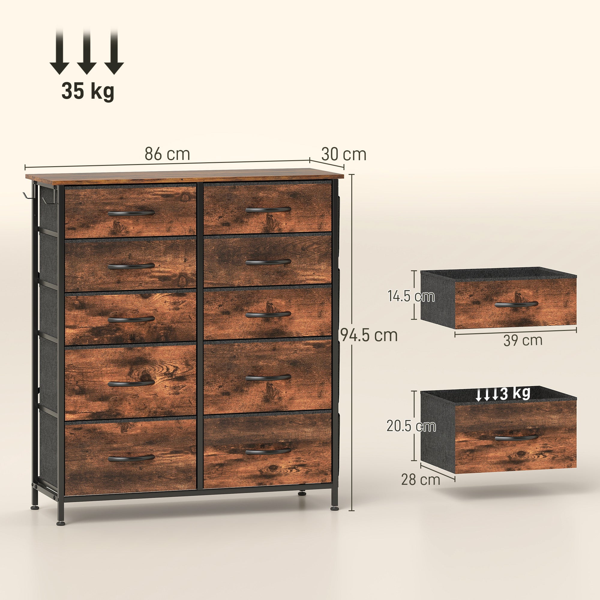 Chest of Ten Fabric Drawers - Rustic Brown