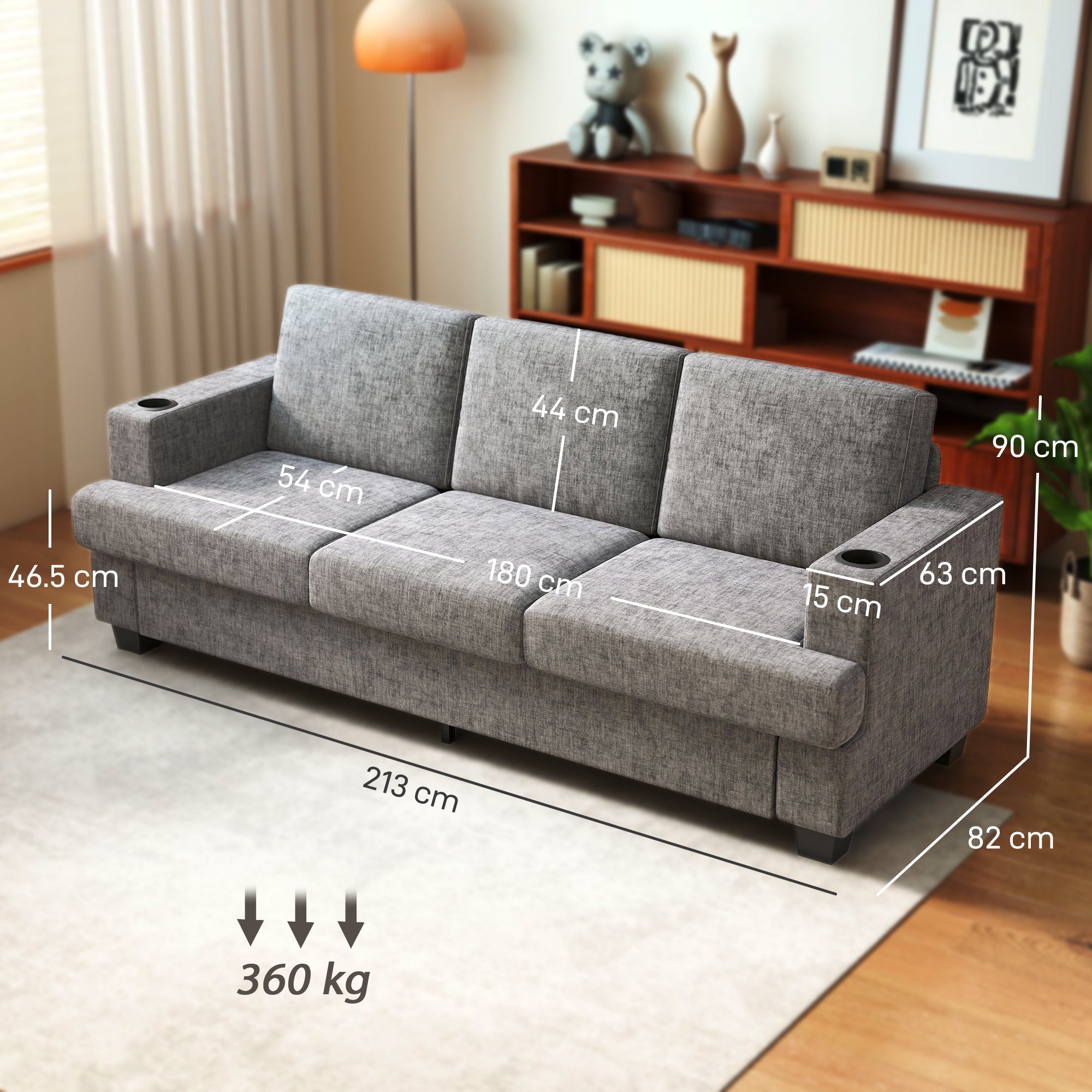 Fynco - 3 Seater Sofa with USB Ports & Cup Holders - Grey