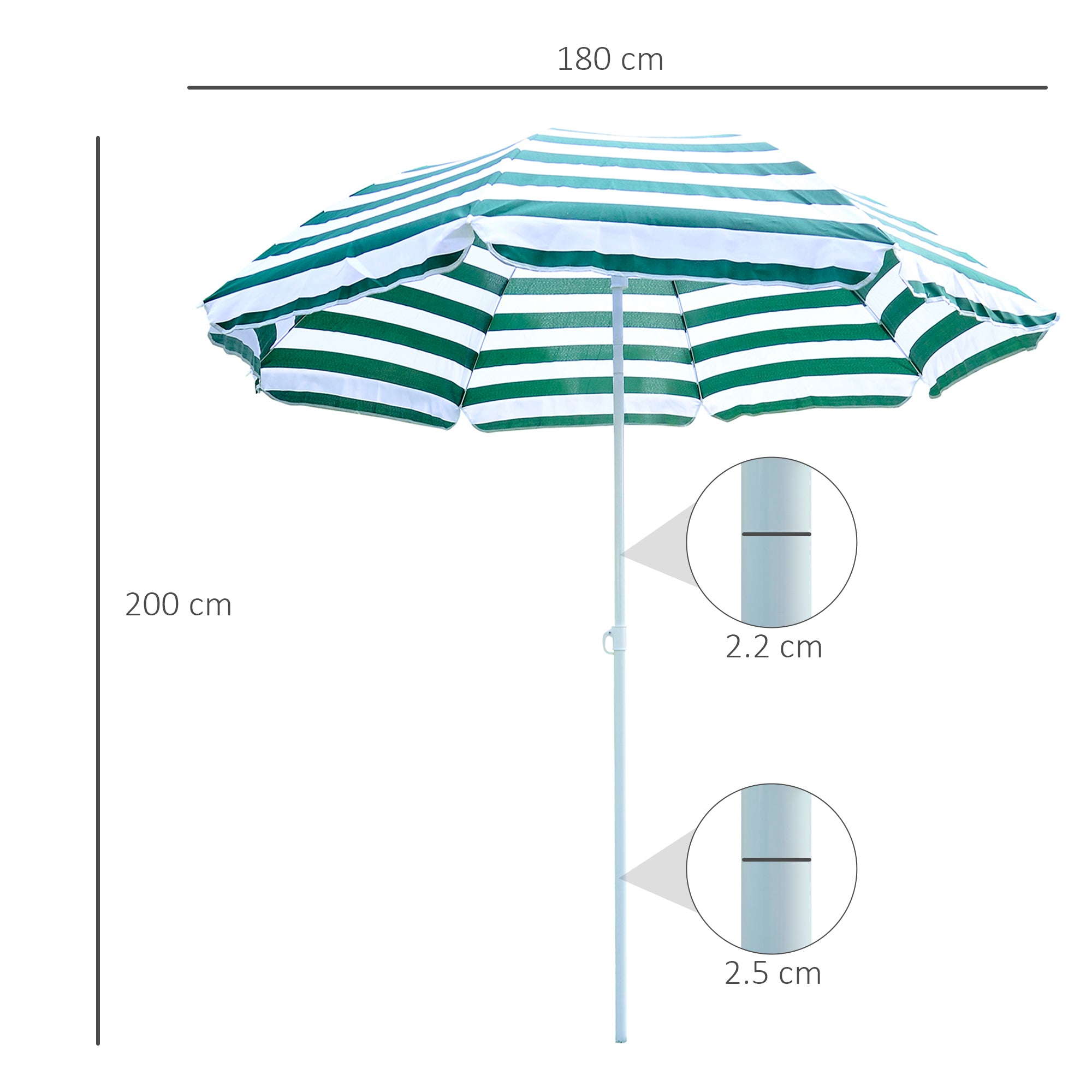 1.8m Beach Parasol Umbrella with Tilt Canopy, Lightweight Patio Garden Sunshade with 8 Ribs, Green & White Stripe