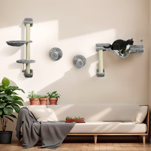 Four-Piece Cat Wall Furniture with Hammock, Perches, Ladder, Scratching Post, Grey