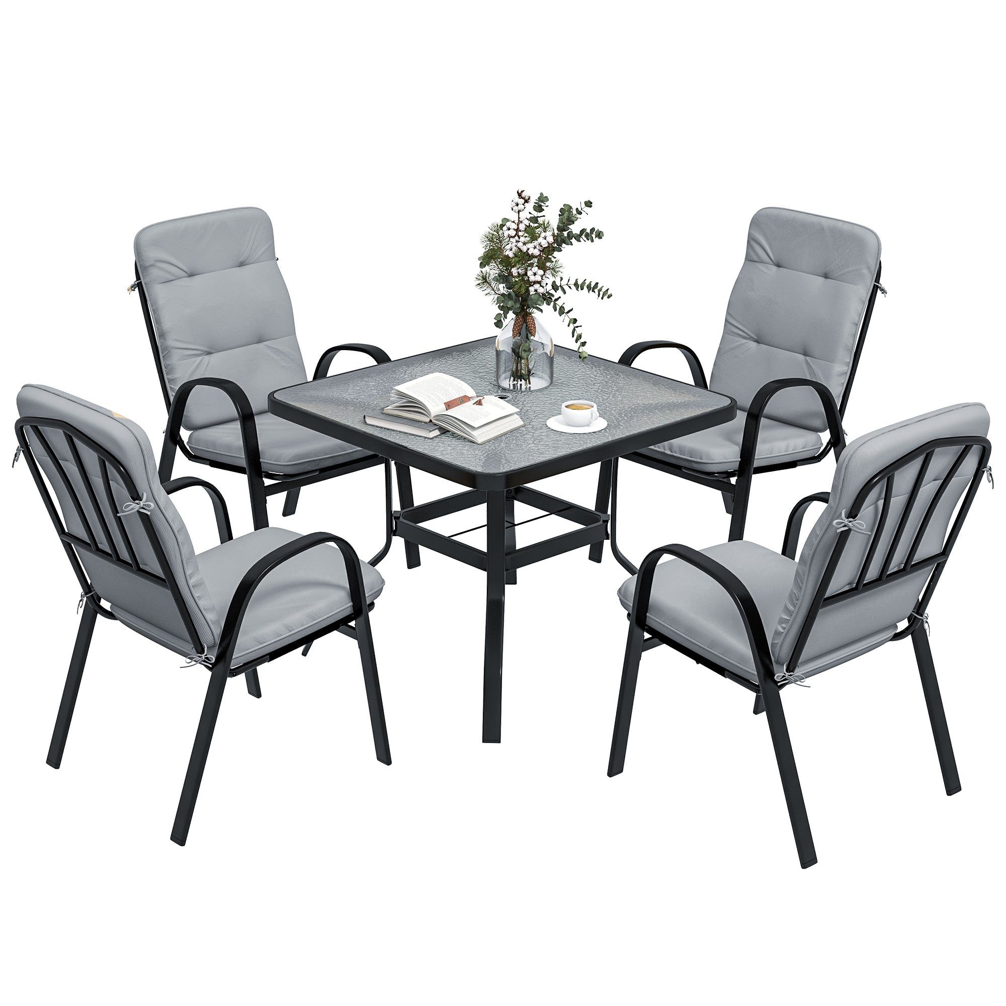 5 Pieces Outdoor Square Garden Dining Set w/ Tempered Glass Dining Table 4 Cushioned Armchairs, Umbrella Hole, Grey