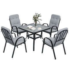 5 Pieces Outdoor Square Garden Dining Set w/ Tempered Glass Dining Table 4 Cushioned Armchairs, Umbrella Hole, Grey