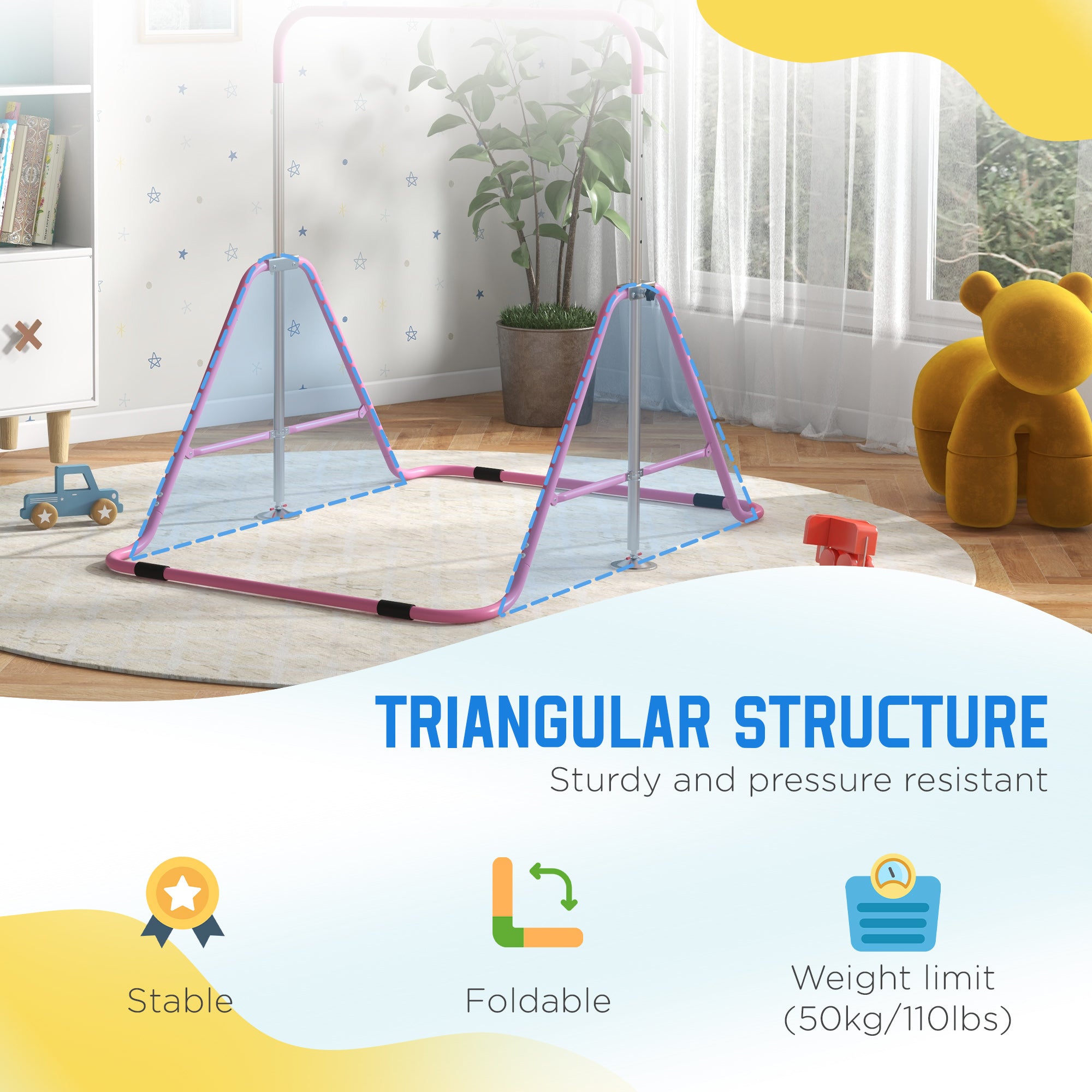 Kids Gymnastic Bar, with Adjustable Height, Foldable Horizontal Bars - Pink