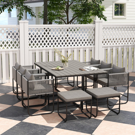 10 Seater Rattan Cube Garden Furniture Set, Rattan Dining Set with Cushions, Outdoor Dining Table and Chairs with 6 Armchairs, 4 Stools, Rectangular Wood Grain Plastic Top Table, Grey