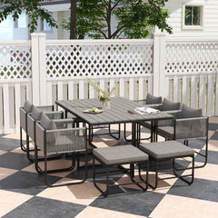 10 Seater Rattan Cube Garden Furniture Set, Rattan Dining Set with Cushions, Outdoor Dining Table and Chairs with 6 Armchairs, 4 Stools, Rectangular Wood Grain Plastic Top Table, Grey