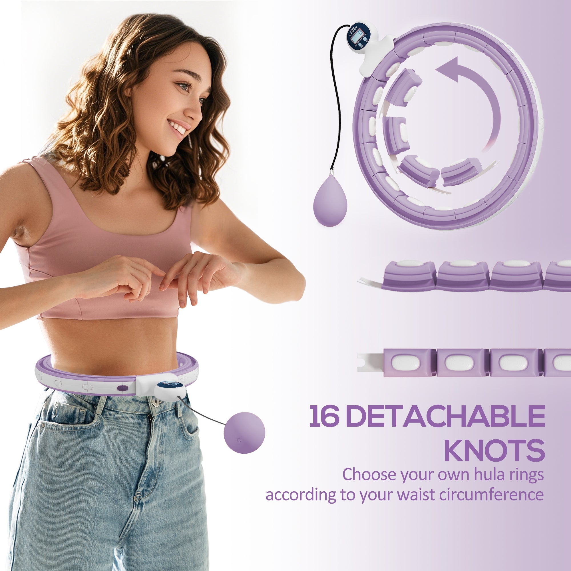 SPORTNOW Smart Weighted Hula Hoop, Massage Hula Ring w/ 16 Detachable Knots, 360° Auto-Rotating Ball, Digital Counter, Purple