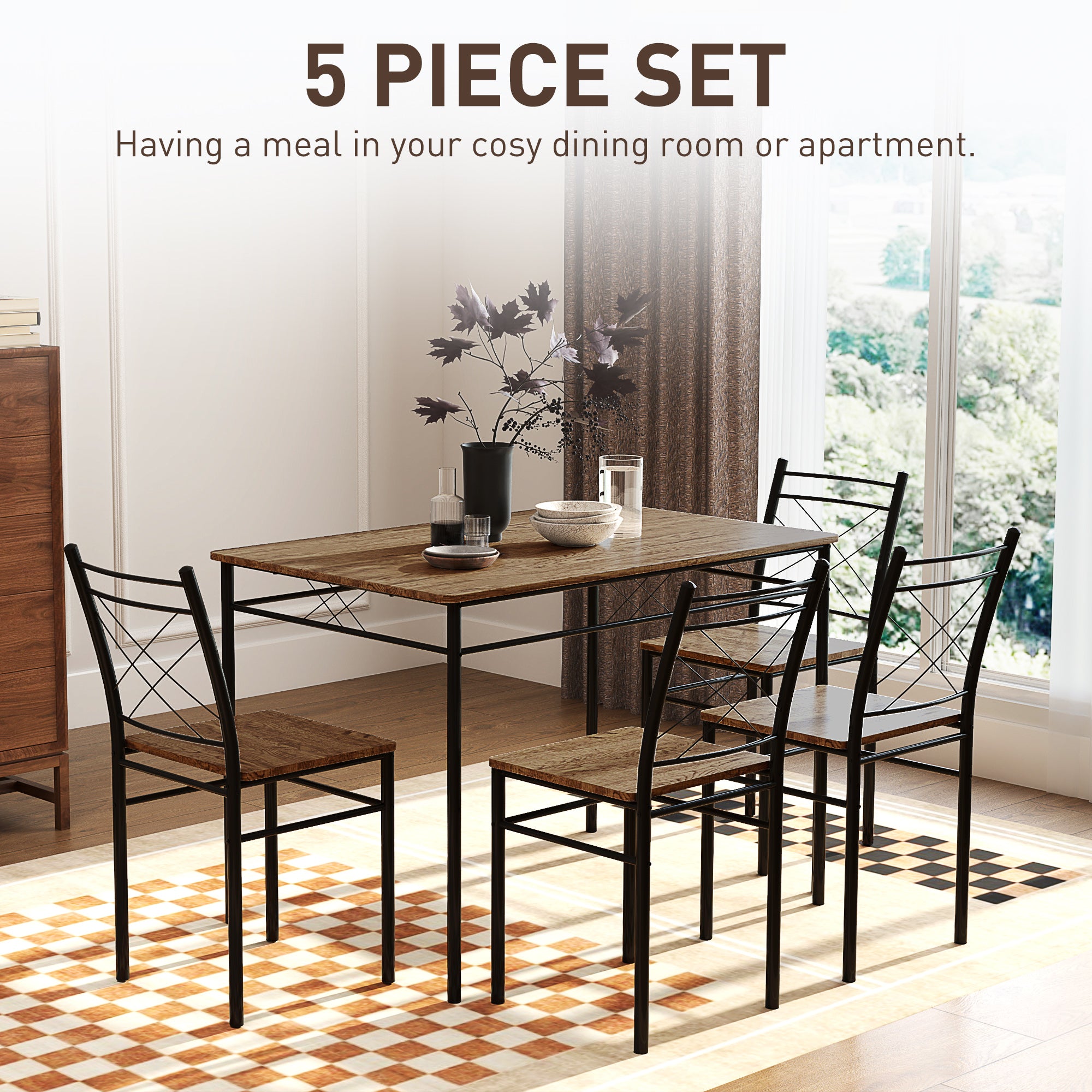 Modern Dining Table Set for 4, Space-Saving 5 Pieces Kitchen Table Set with Rectangle Table and Steel Frame, Oak