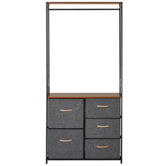 Chest of Drawers with Coat rack Steel Frame 5 Drawers Bedroom Hallway Home Furniture Black Brown