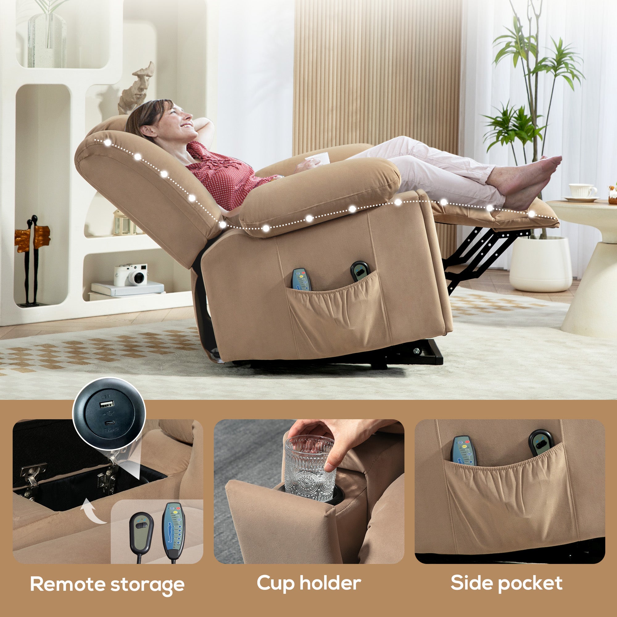 Velvet-Feel Electric Riser, Recliner and Massage Armchair - Light Brown