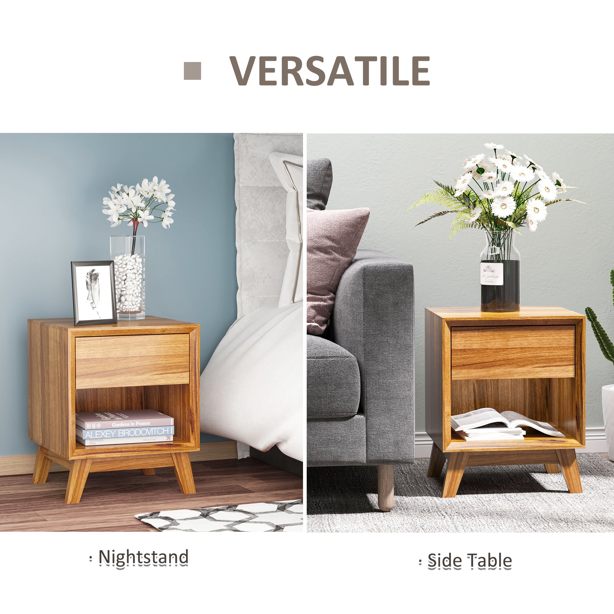 Modern Bedside Table Nightstand, Living Room End Table, Side Table with Drawer and Shelf, Set of 2, Walnut Brown