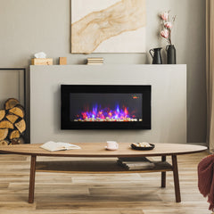 Fynco - LED Wall Mounted Fireplace Curved Glass Electric Fire Place for Living Room, 1000W/2000W, 48H x 90.8W x 11.5Dcm, Black