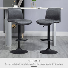 Set of 2 Bar Stool, Adjustable Height PU Leather Barstools with Swivel Seat and Footrest for Breakfast Bar, Kitchen and Home, Dark Grey