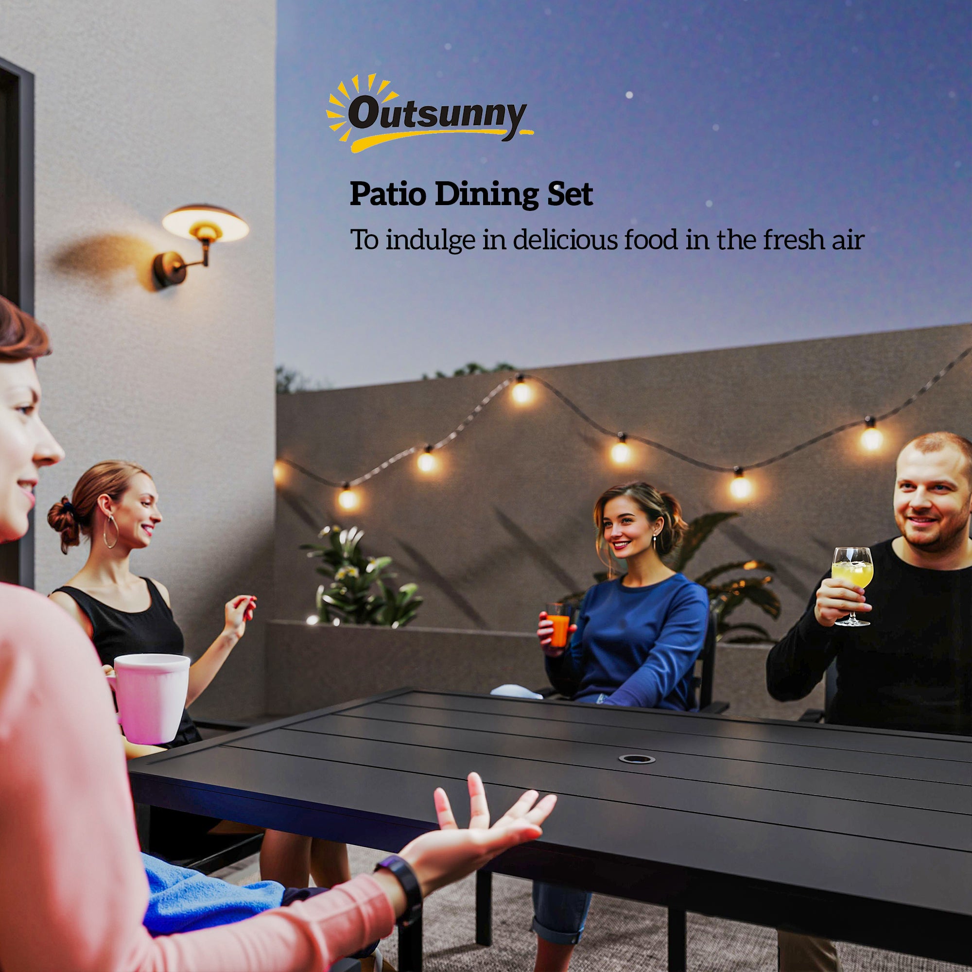 Seven-Piece Minimal Metal Garden Dining Set, with Parasol Hole - Black