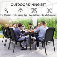 8 Seater Garden Dining Set with Stacking Chairs, Rectangular Tempered Glass Top, Garden Furniture Set, Outdoor Dining Table and Chairs for Patio, Balcony, Poolside, Black