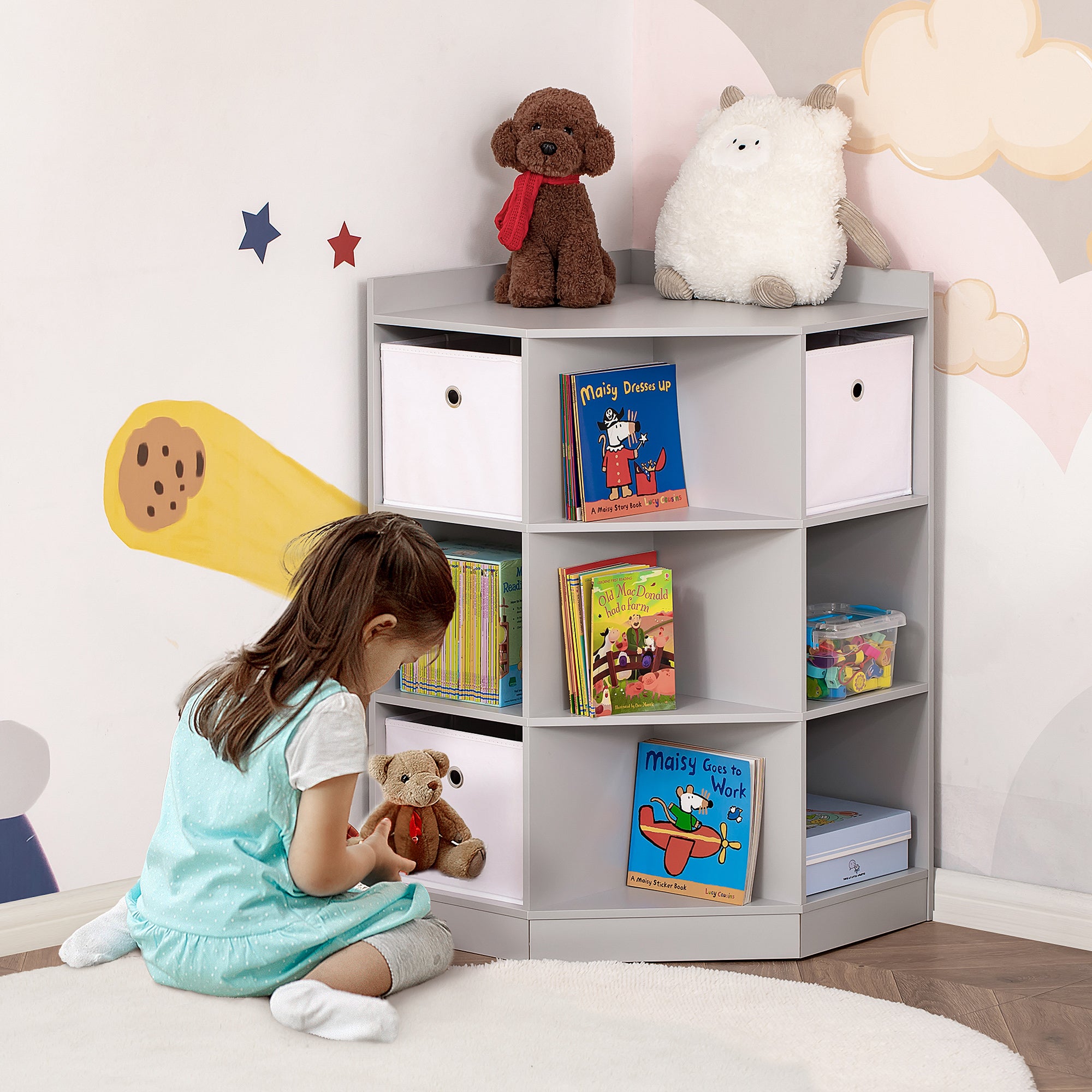 Kids Bookcase, 3 Tier Toy Organiser Storage Unit BookShelf with 3 Non-woven Fabric Drawers, Anti-tip Device, for Bedroom, Children's Room, Playroom, Grey