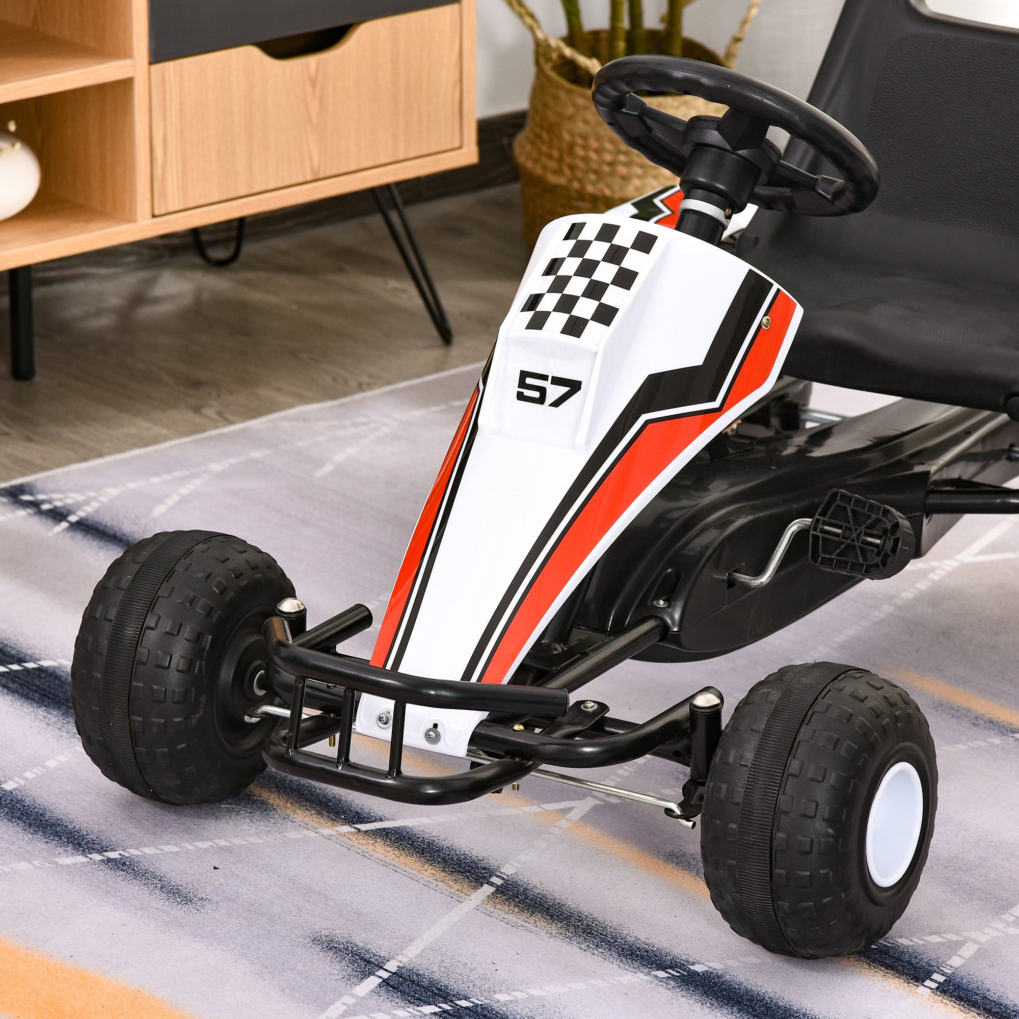 Kids Children Pedal Go Kart Manual Ride On Car w/ Brake Gears Steering Wheel Adjustable Seat 4 Smooth Wheels Racing-Style White 104 x 66 x 57 cm