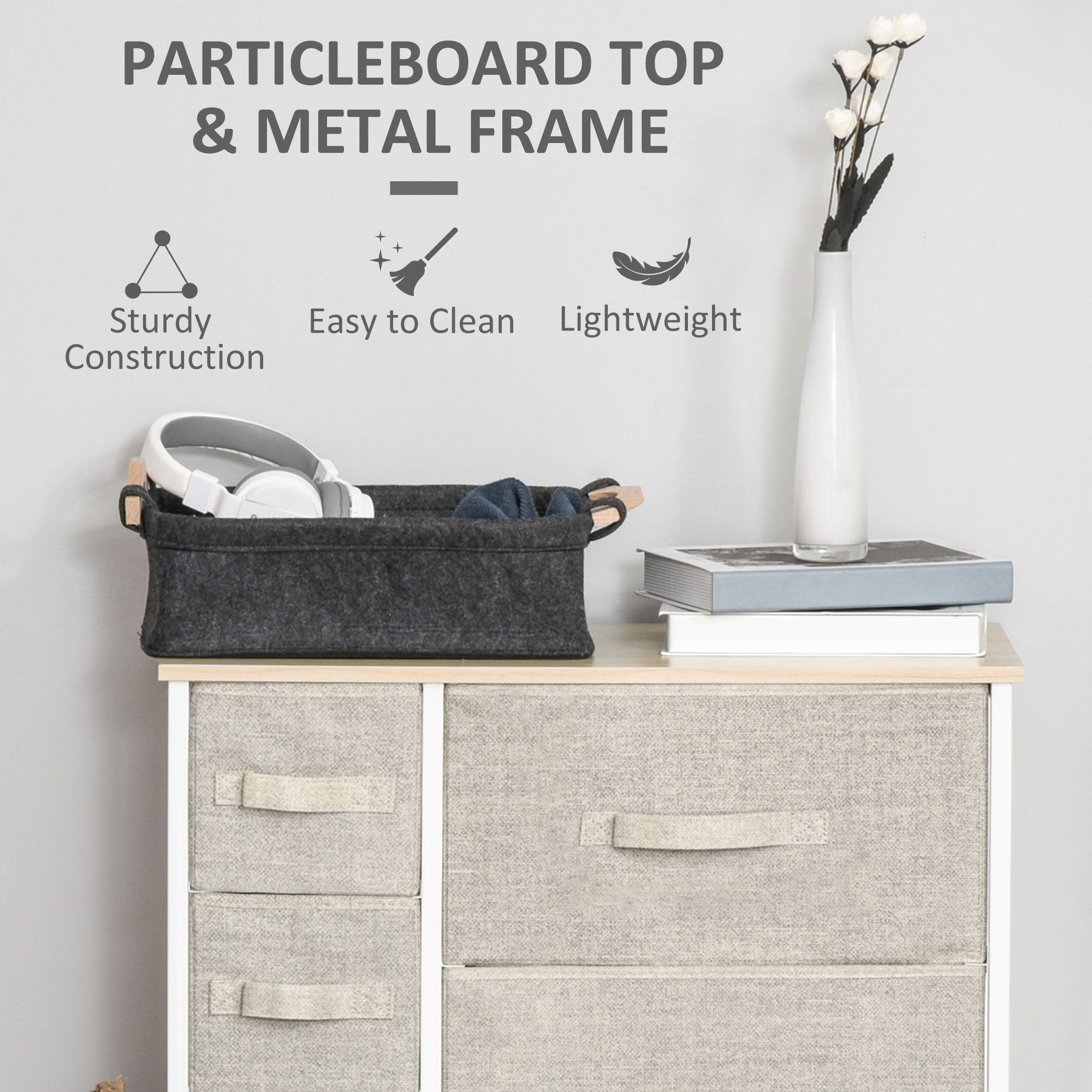 Chest of Drawers with 7 Drawers, Fabric Drawers with Large Storage Space, Drawers Dresser with Metal Frame, Adjustable Feet for Bedroom Living Room, Light Grey