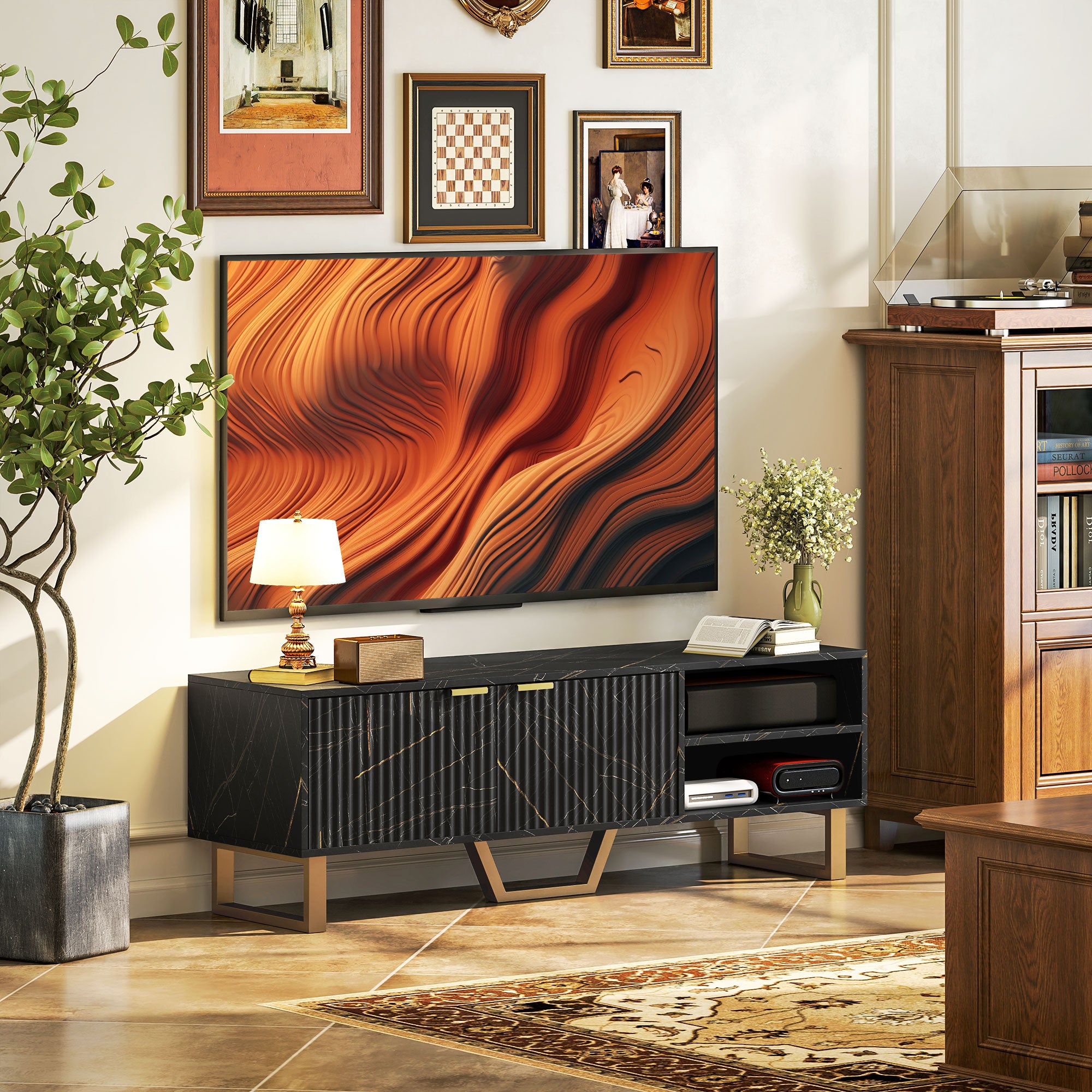 Marble Effect TV Unit, TV Stand Cabinet for up to 70" TVs, Modern TV Cabinet with Shelves and Storage Cupboard, Fluted Door, Extra Centre Leg, Cable Management for Living Room, Black
