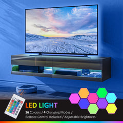 Floating TV Unit, Wall Mounted TV Cabinet for TVs up to 65", High Gloss Media Wall Unit with LED Lights, Storage Shelves for Living Entertainment Room, Black