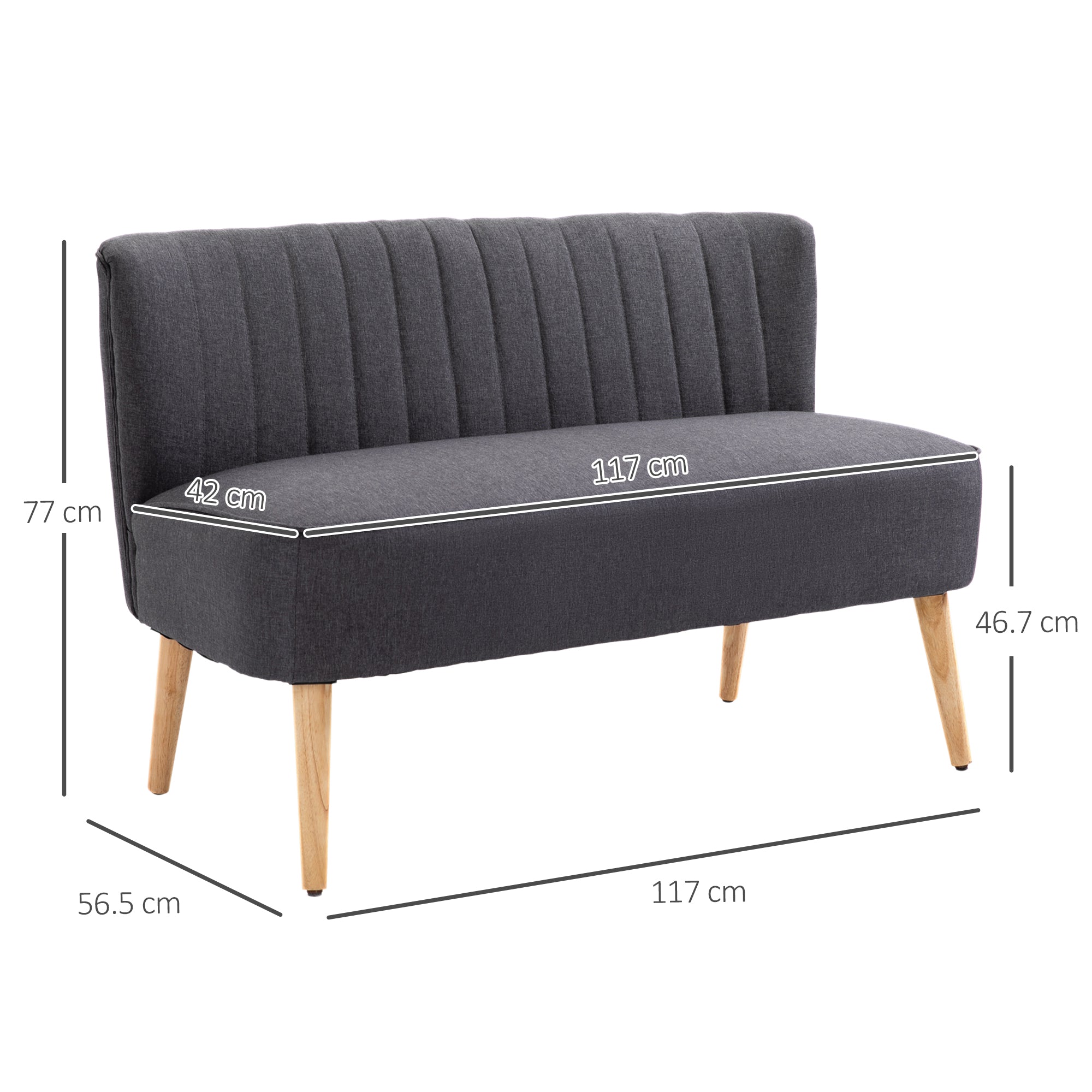 Modern Double Seat Sofa Loveseat Couch 2 Seater Compact Sofa Padded Linen Wood Leg Dark Grey