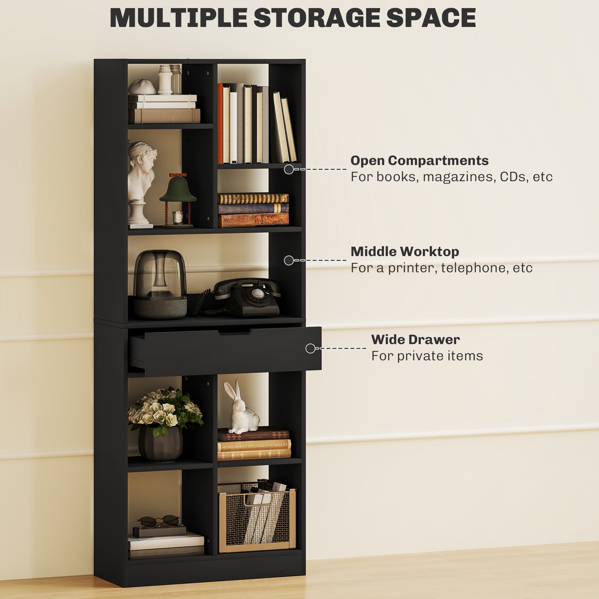 Fynco - Tall Bookshelf with Drawer, Freestanding Bookcase for Bedroom, Living Room, Home Office, Black