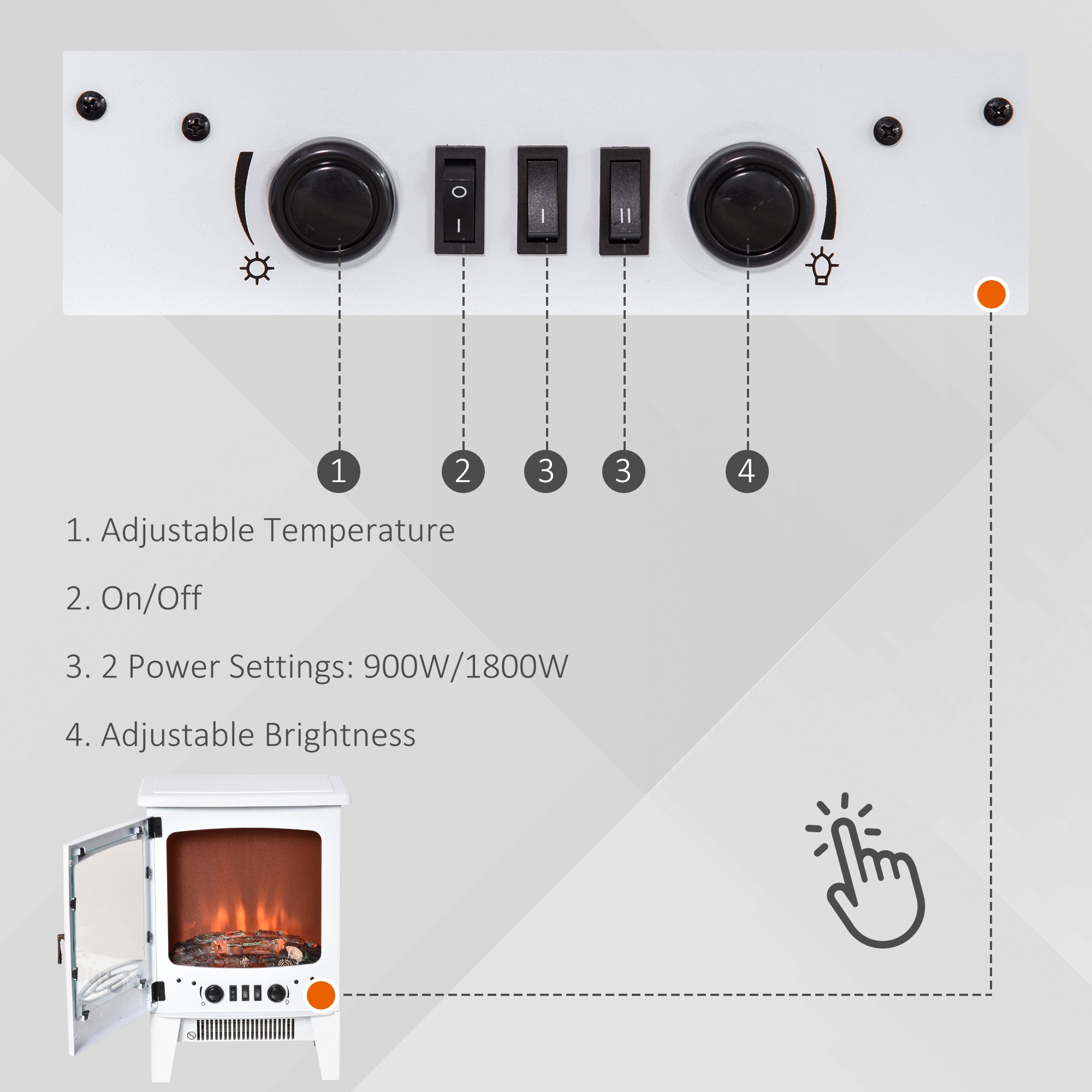 Fynco - Electric Fireplace Stove, Free standing Fireplace Heater with Realistic LED Flame Effect, Overheat Safety Protection, 900W/1800W, White