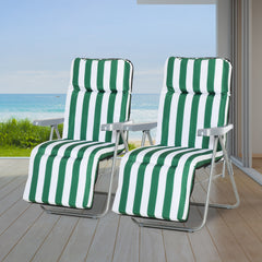 Fynco 2 Pieces Outdoor Sun Lounger Set with Cushions, Patio Folding 5-Level Adjustable Backrest Recliner Chairs Set of 2 with High Backrest and Armrests, Green & White