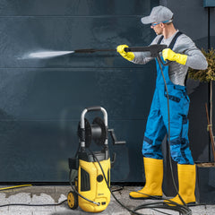 1800W High Pressure Washer, 150 Bar Pressure, 420 L/h Flow, Portable Power Washer Jet Wash Cleaner with Adjustable Nozzle, 6M Hose, Hose Reel, Steel Handle for Home Patio Car Driveway, Yellow
