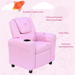Kids Recliner Chair, PU Leather with Adjustable Backrest, Footrest, Padded Headrest, Pink