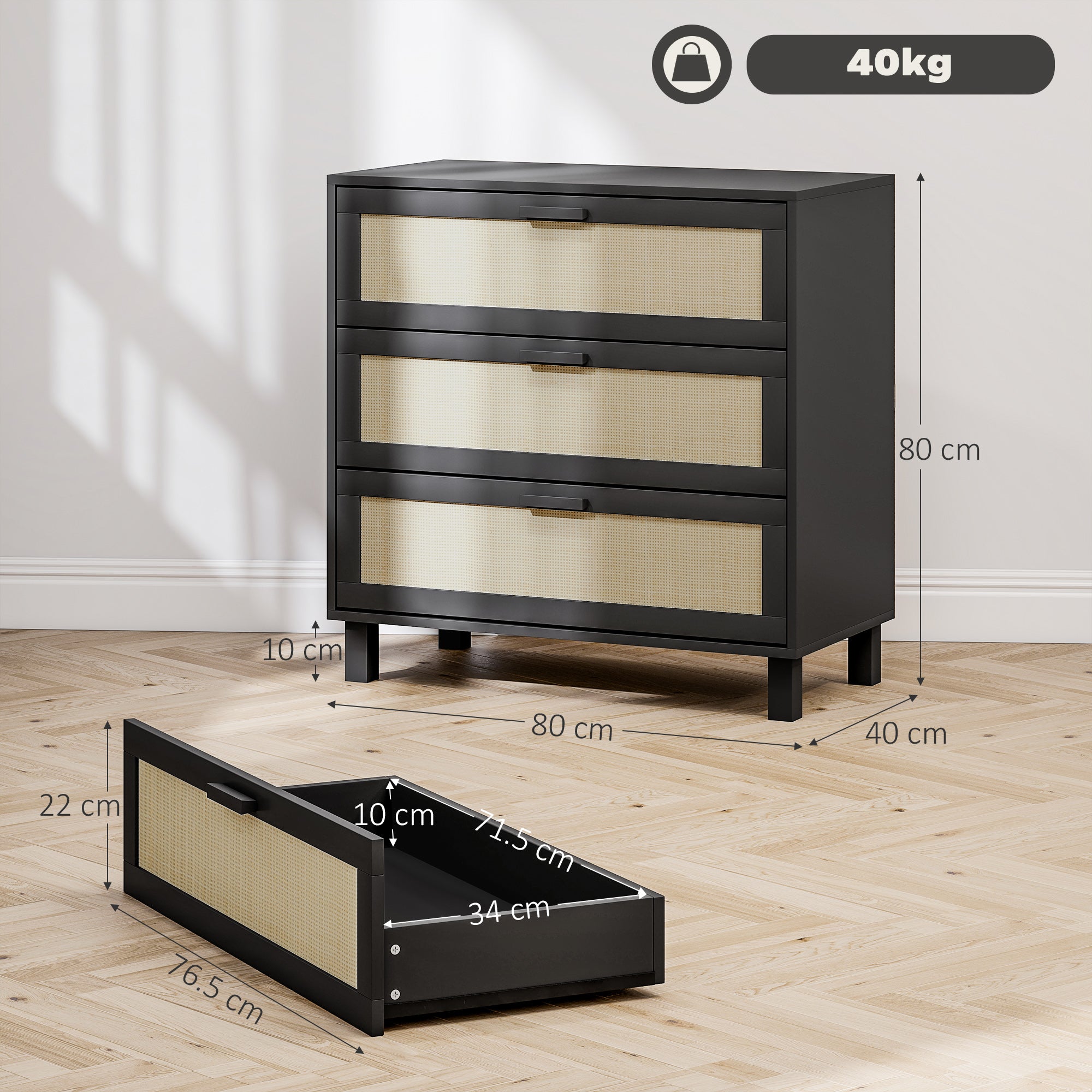 Rattan Bedroom Chest of Drawers, 3 Drawers Storage Unit, Boho Dresser for Living Room, Hallway, Black