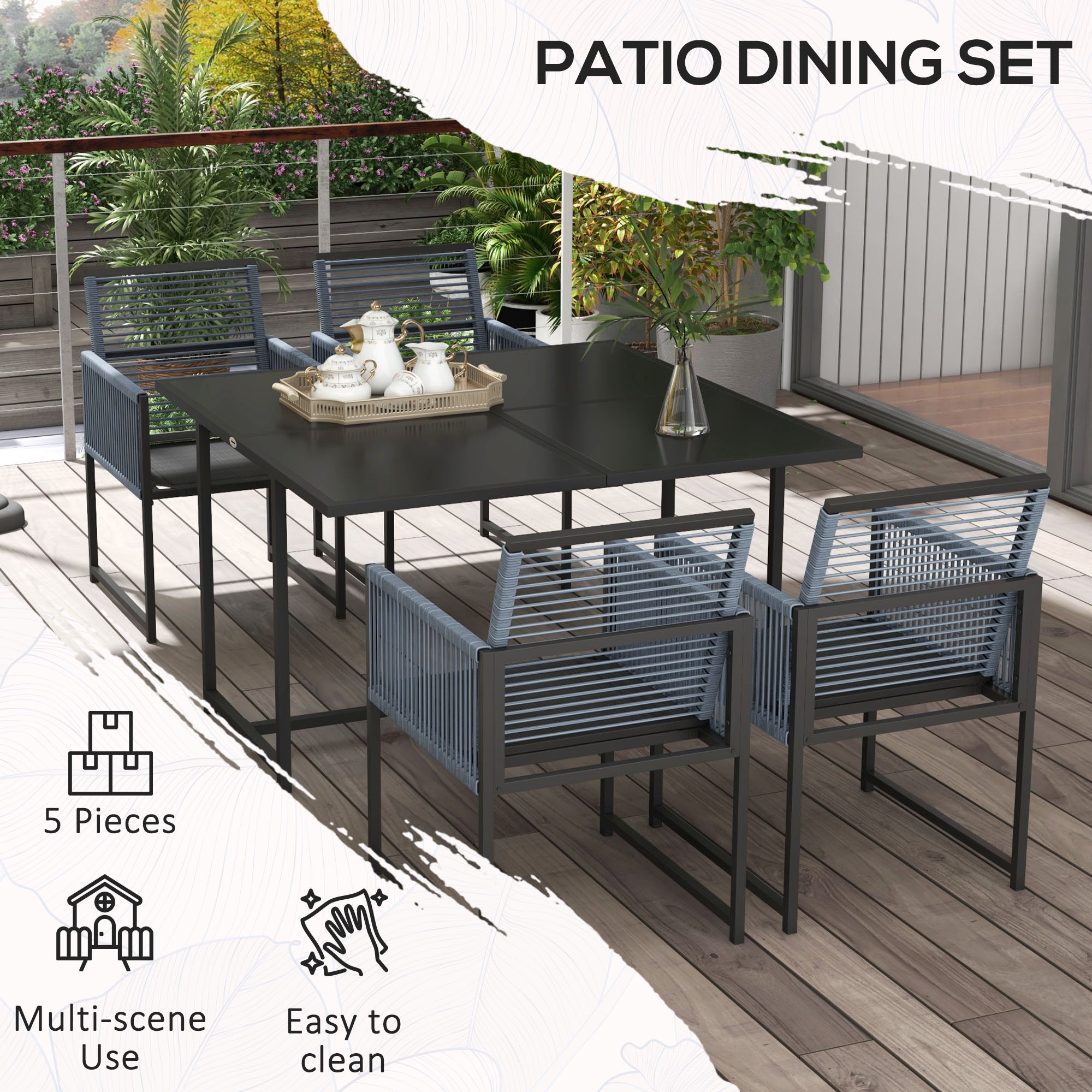 Five-Piece Metal Dining Set, with Folding Back Chairs, Dark Grey