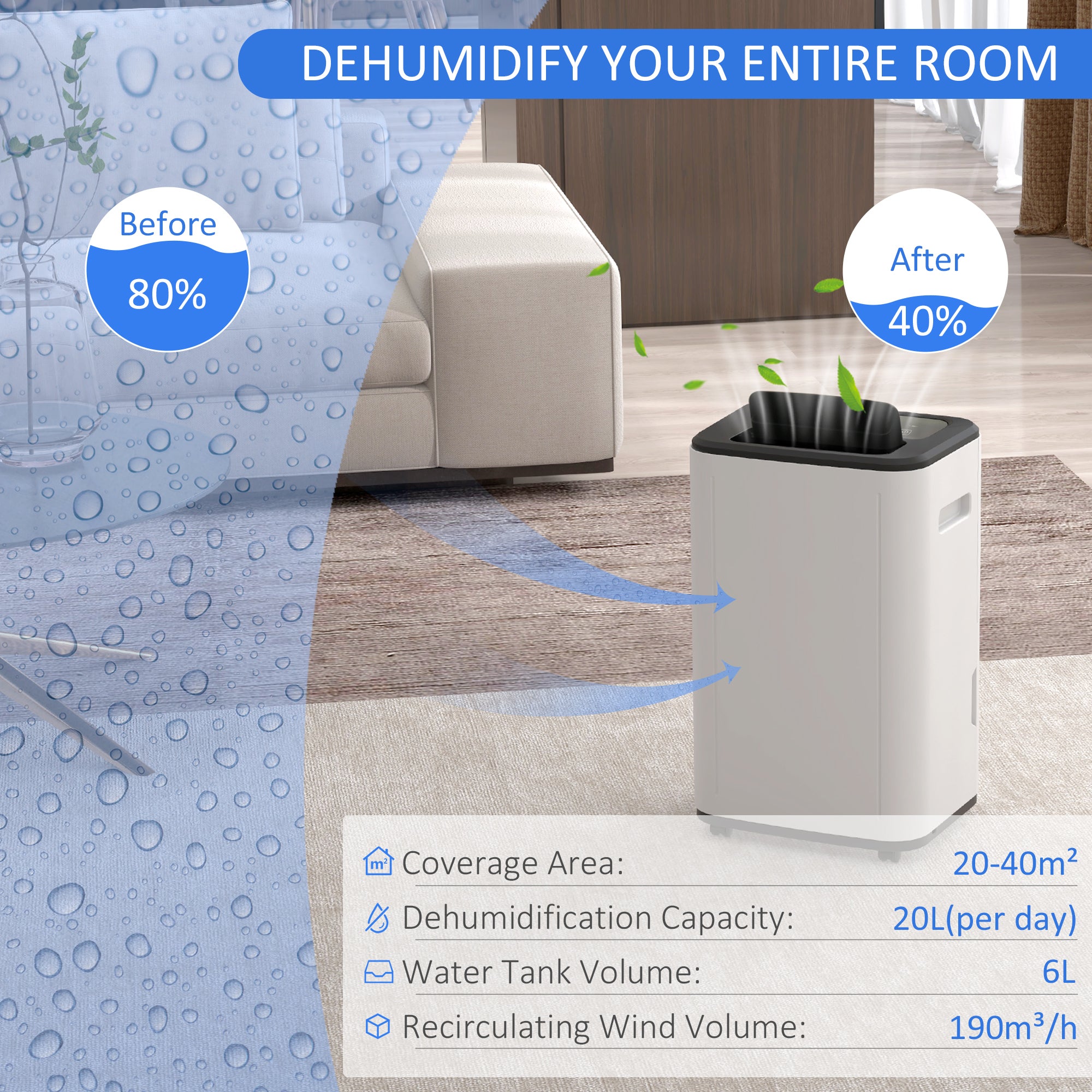 Fynco - 6000mL Portable Dehumidifier with 24H Timer, 3 Dehumidifying Modes, 20L/Day, for Home Laundry Basement