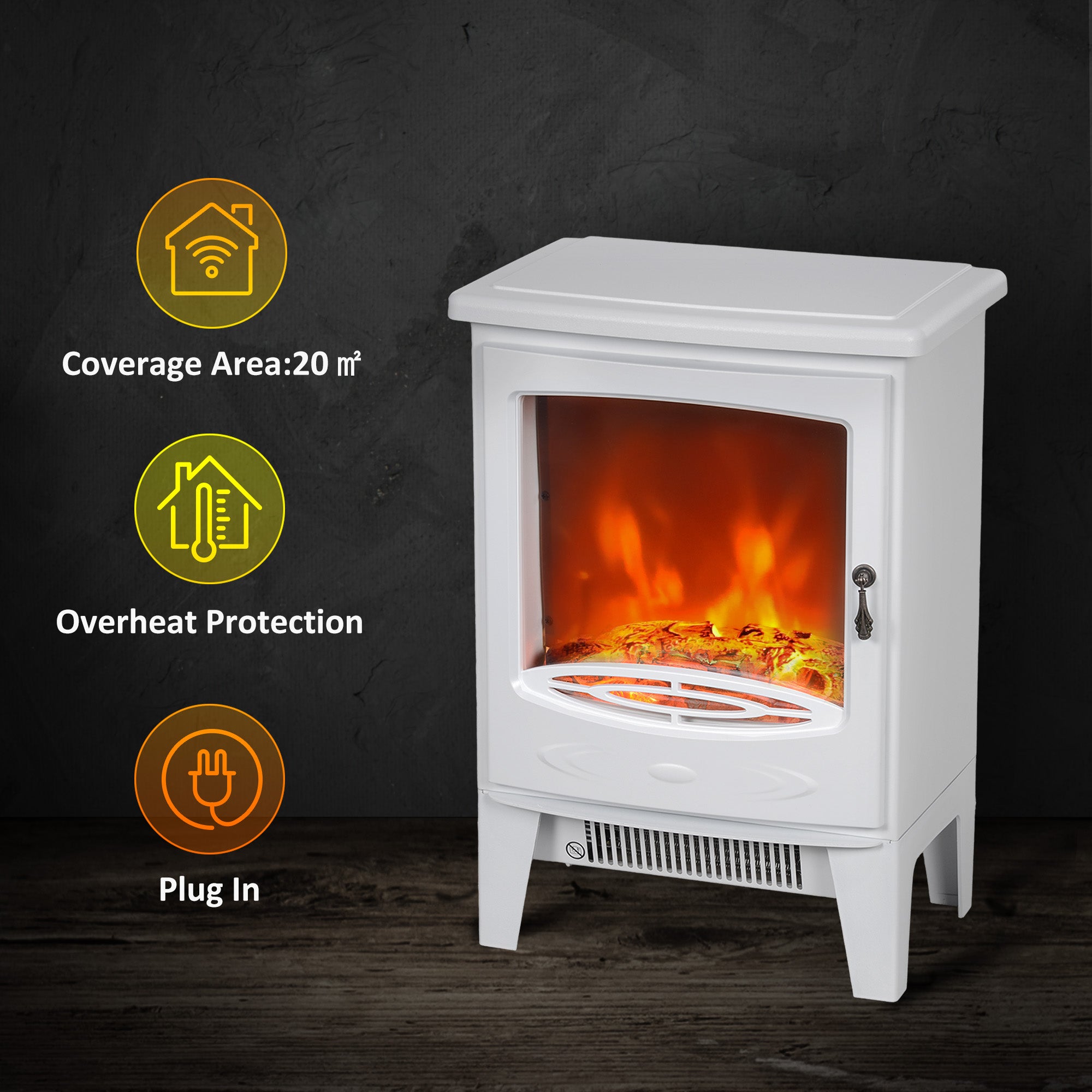 Fynco - Tempered Glass Casing Electric Fireplace, Freestanding Electric Fire with Realistic Flame Effect, Log Burner with Overheat Protection, 950w/ 1850W, White