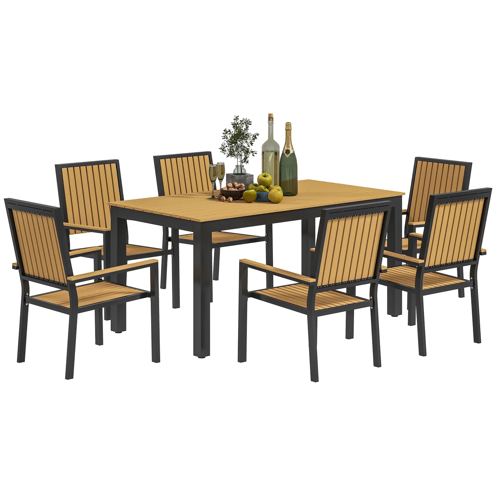 6 Seater Garden Dining Set with Stackable Chairs, Aluminium Frame, Rectangular Plastic Top, Garden Furniture Set, Outdoor Dining Table and Chairs for Patio, Balcony, Poolside, Nature Wood