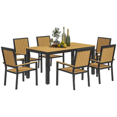 6 Seater Garden Dining Set with Stackable Chairs, Aluminium Frame, Rectangular Plastic Top, Garden Furniture Set, Outdoor Dining Table and Chairs for Patio, Balcony, Poolside, Nature Wood