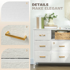 Boucle Chest of Drawers, 8 Fabric Drawers Storage Organiser with Charging Station, 2 USB and 2 AC Ports, Steel Frame, Fabric Dresser for Living Room, Bedroom, Hallway, Cream White