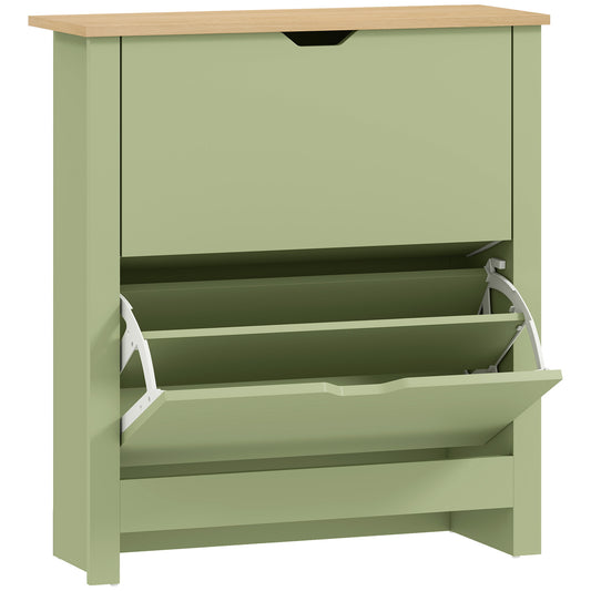 Fynco - Slim Shoe Cabinet, Narrow Shoe Cupboard with 2 Flip Drawers, Adjustable Shelves for 12 Pairs of Shoes, Green