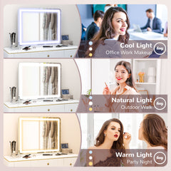 Vanity Mirror with Lights, Large Lighted Makeup Mirror with 3 Colour Lighting Modes, 10X Magnifying, USB Charging Port, Touch Screen, Tabletop or Wall Mounted Design for Bedroom, White