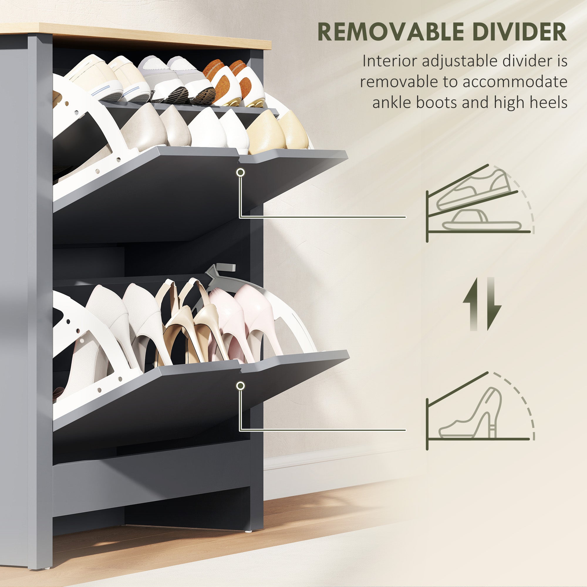 Fynco - Slim Shoe Cabinet, Narrow Shoe Cupboard with 2 Flip Drawers, Adjustable Shelves for 12 Pairs of Shoes, Charcoal Grey