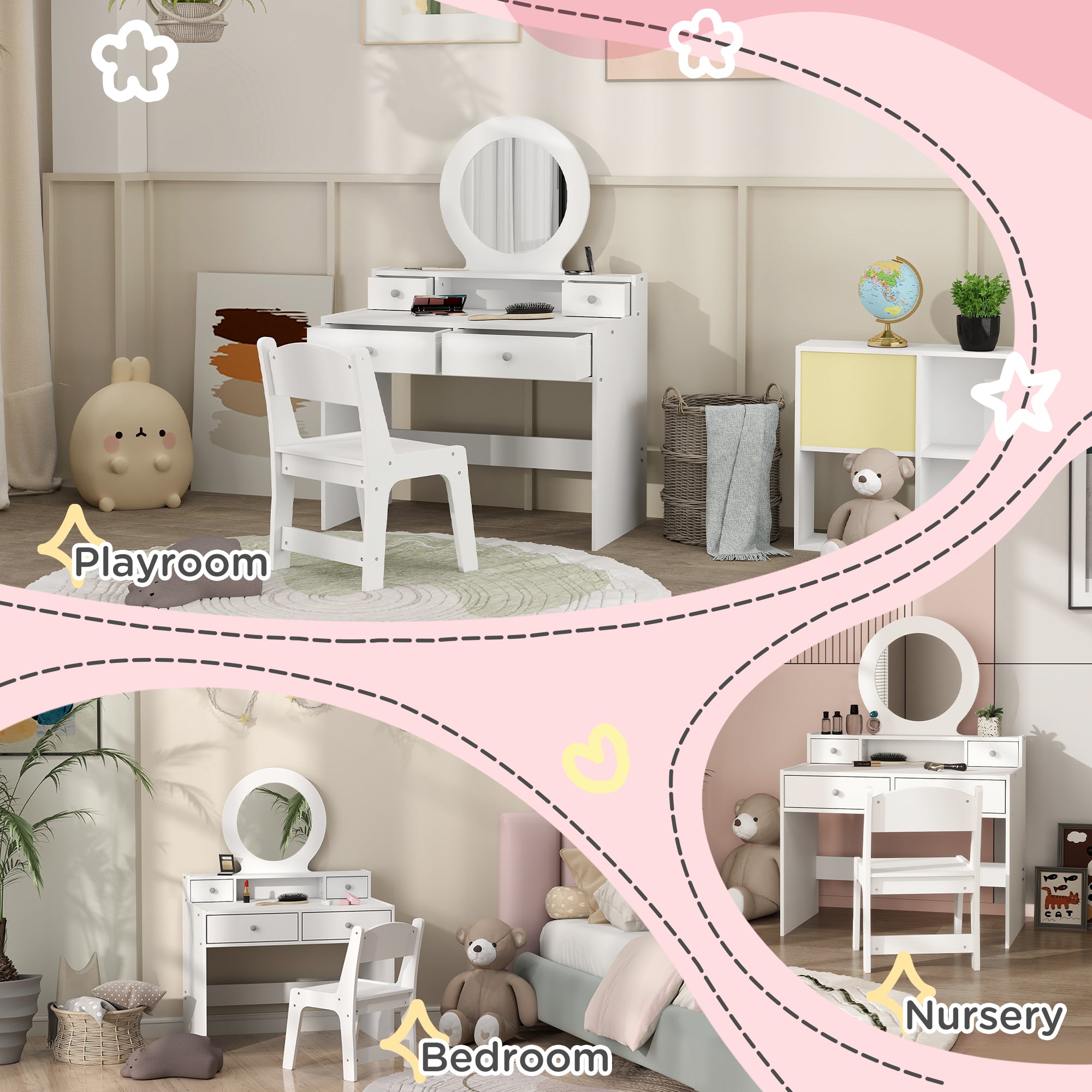 AIYAPLAY Kids Dressing Table Set Kids Make up Table with Stool and Mirror, Storage Drawers, Gift for Aged 3-8