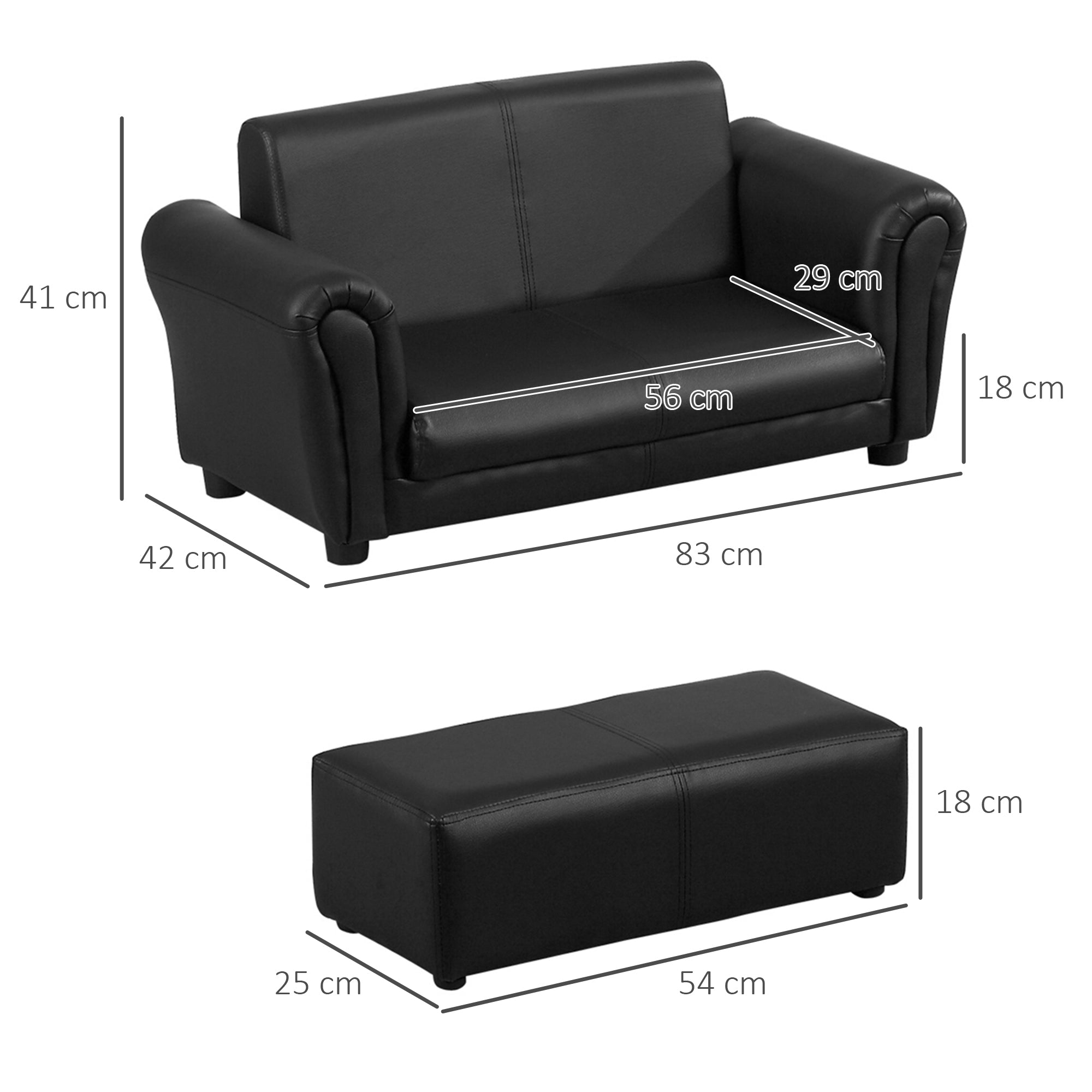Kids Sofa Bed Kids Twin Sofa Toddler Chair 2 Seater Kids Twin Sofa Chair Boys Girls Couch w/ Footstool (Black)