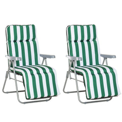 Fynco 2 Pieces Outdoor Sun Lounger Set with Cushions, Patio Folding 5-Level Adjustable Backrest Recliner Chairs Set of 2 with High Backrest and Armrests, Green & White