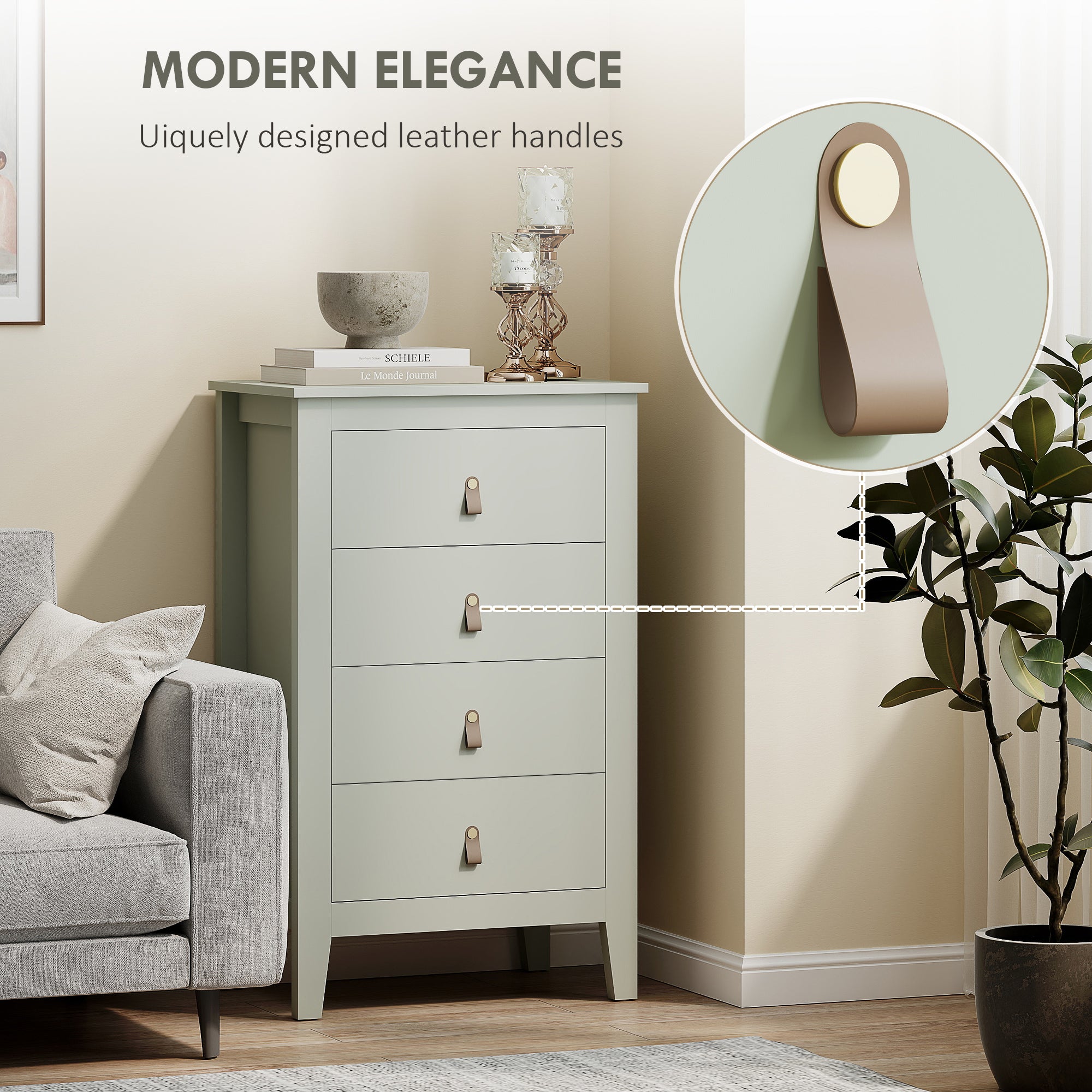 Bedroom Chest of Drawers, Modern 4 Drawer Dresser Cabinet with PU Leather Handles and Metal Runners for Living Room, Hallway, Entryway, Green