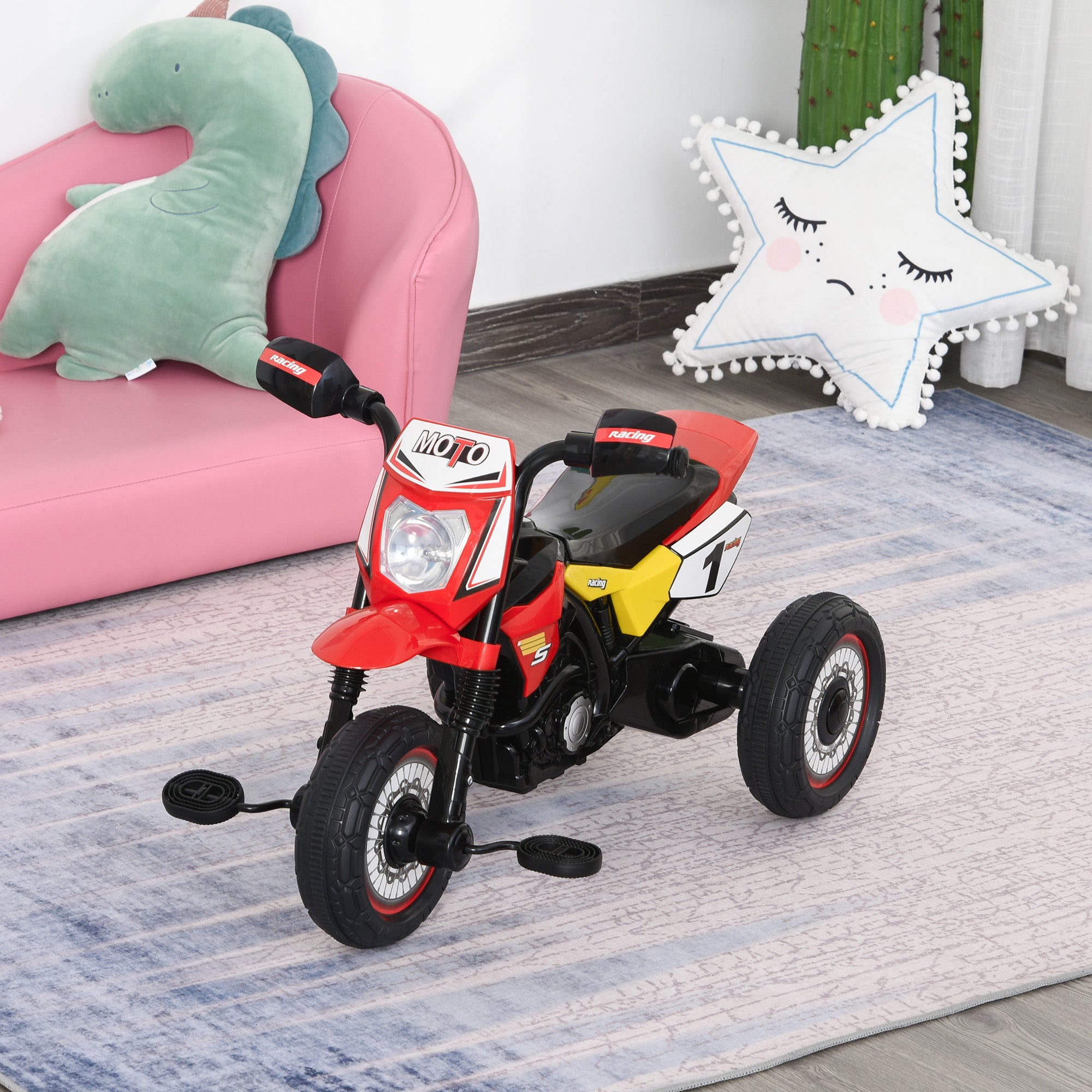 Toddler Pedal Motorcycle Kids Ride On Tricycle Early Learning w/ Music Lights Handlebar Stickers Exercise Boys Girls Gift for Kids 18 - 36 Months Red