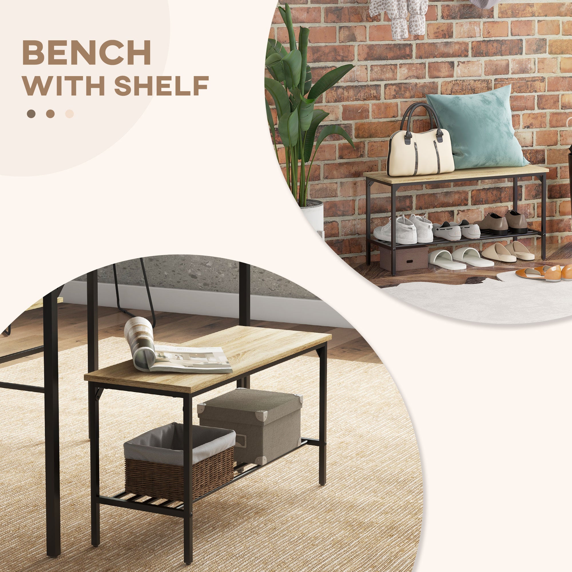 Square Dining Set for 4 Persons, Table, Chairs and Bench Included, Natural Wood Effect