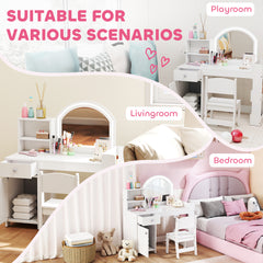 AIYAPLAY Kids Vanity Table and Chair Set, Girls Dressing Table with 2-Colour LED Mirror, Stool, Cabinet, Drawer, Shelves, White